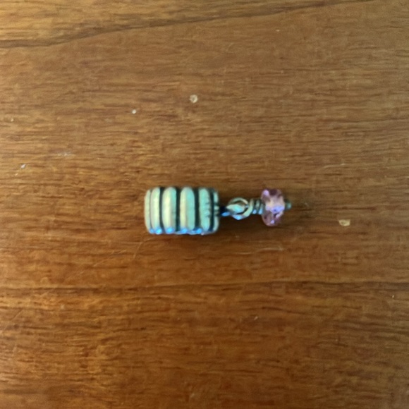 Pandora sterling silver, ribbed spacer charm with dangling pink bead. - Picture 2 of 2